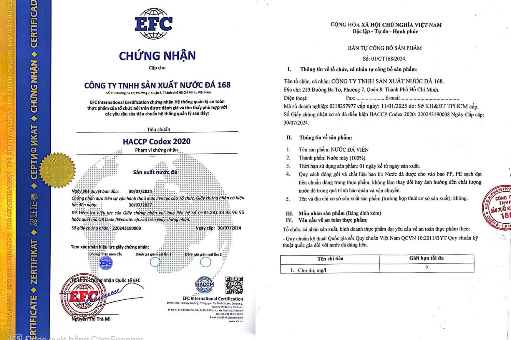 giấp chứng nhân hccp nước đá